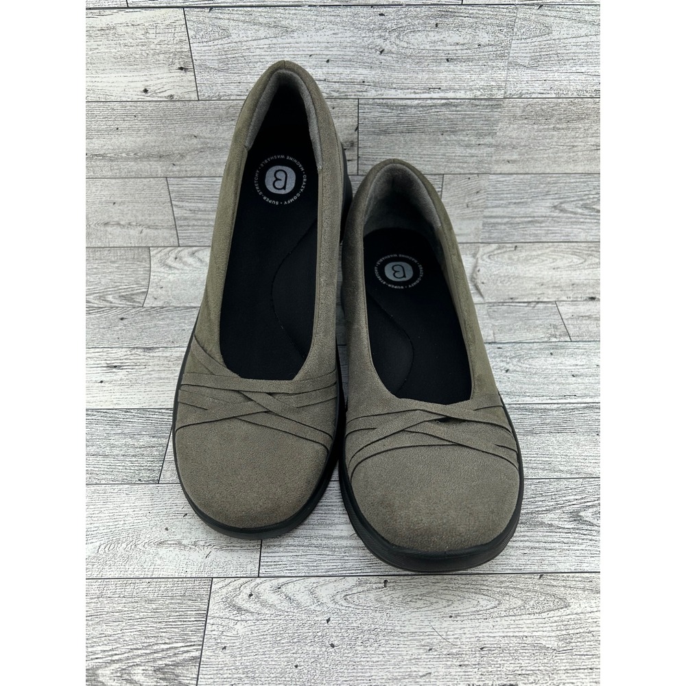 Bzees Goody Women Slip On Wedge Shoes Taupe Olive Green Washable Stretchy 9.5M